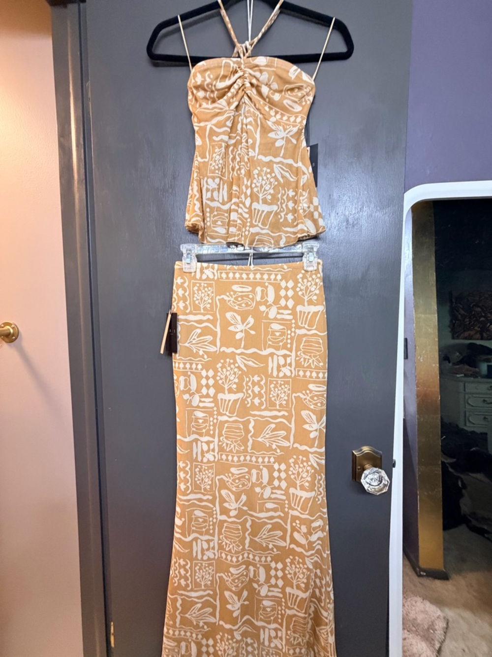 iris Tan & White Printed Maxi Skirt Set- Bohemian Block Print